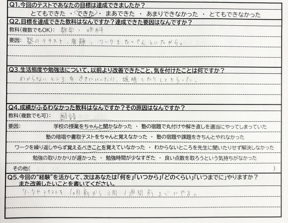 磯辺中3年生 入塾以降77点アップ！自己最高順位更新！