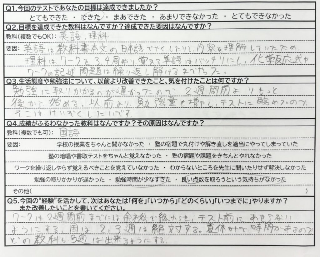 稲浜中2年生 入塾して63点アップ！