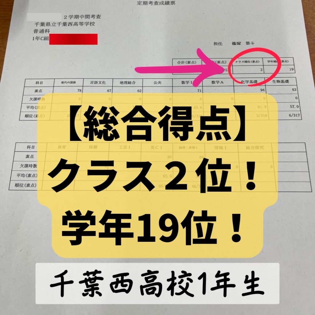 千葉西高校1年生 クラス2位！学年19位！