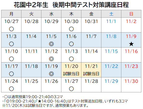 2025年度 後期中間テスト対策講座 日程表 花園中