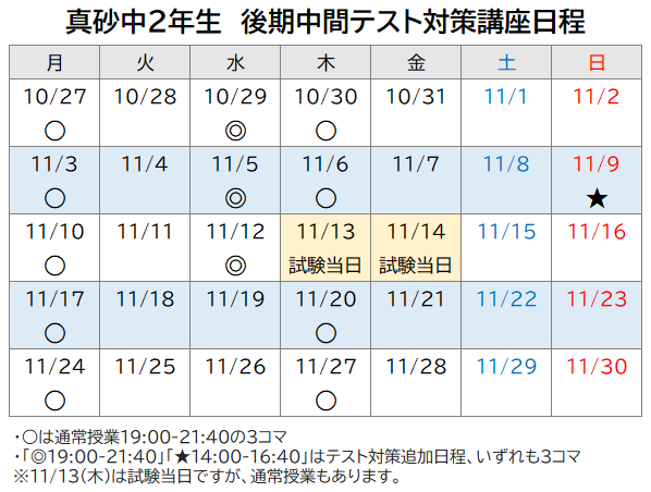 2025年度 後期中間テスト対策講座 日程表 真砂中