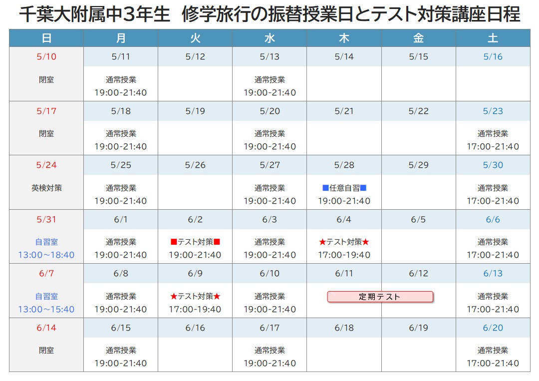 2026年度 前期中間テスト対策講座 日程表 千葉大附属中3年
