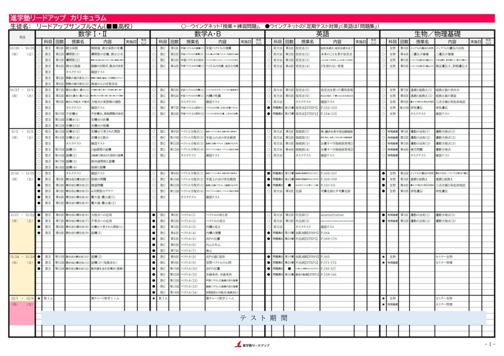 【高1生】個別カリキュラム
週単位でやることを明確化