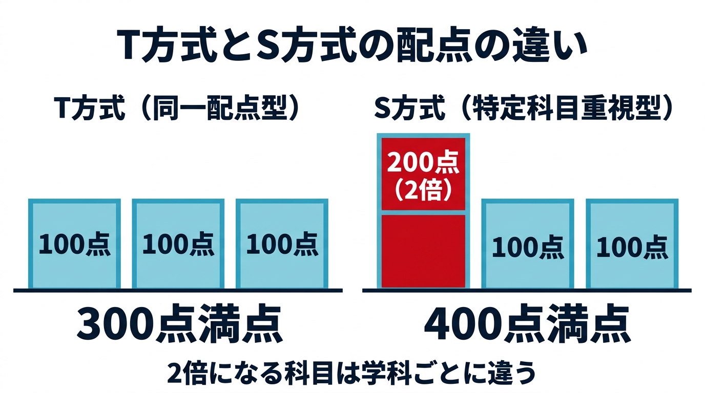 T方式とS方式の配点の違い。T方式は3科目各100点で300点満点。S方式は1科目が200点、ほかの2科目が100点で400点満点